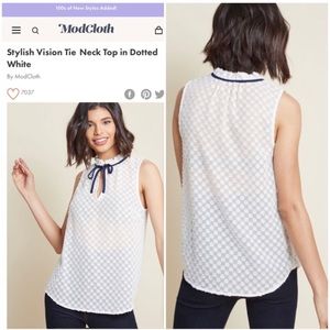 ModCloth - Stylish Vision Tie Neck Top Dotted White
